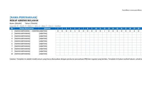 Contoh tampilan format rekap absensi karyawan bulanan format Excel